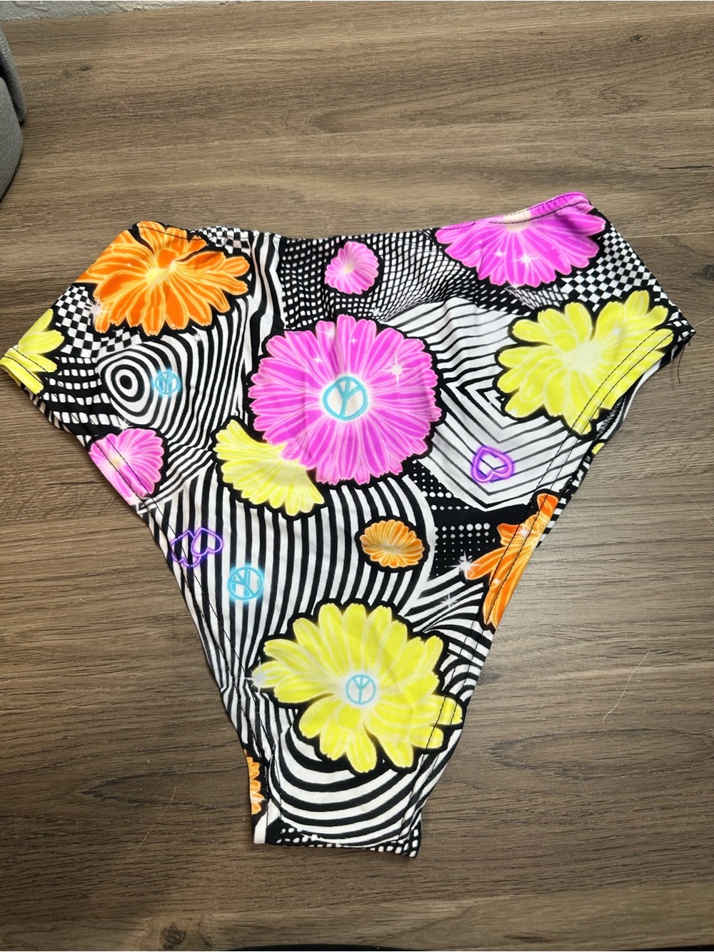 Floral High-Cut Bikini Panty in Black with Neon Pink, Yellow & Orange